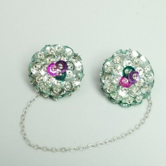 Vintage Sequin Encrusted Sweater Clip Brooches, Silver Tone, Retro Estate - Picture 6 of 6